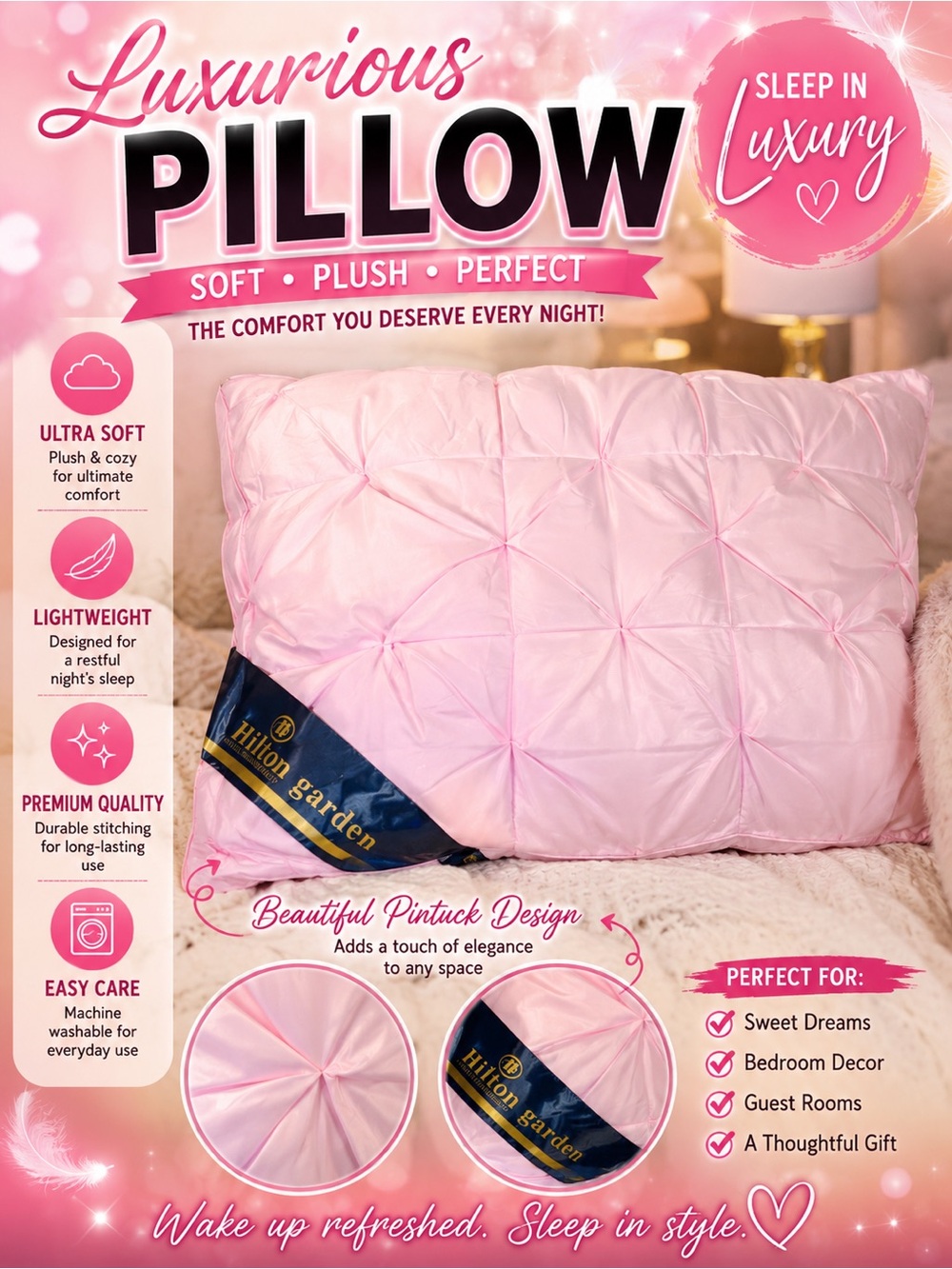 Hilton Garden Luxurious Pink Pillow - Soft Plush Pintuck Design